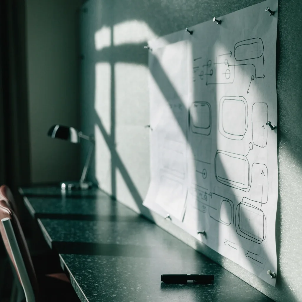 Prázdná učebna designu brzy ráno, studené světlo z oken na podlaze