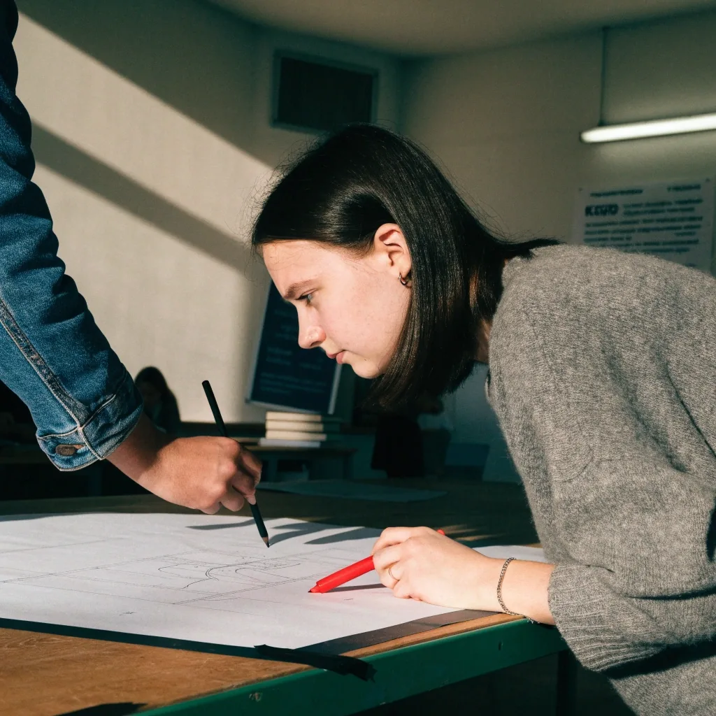 Ruka s fixou u prázdného archu papíru na dřevěném stole ve studeném denním světle