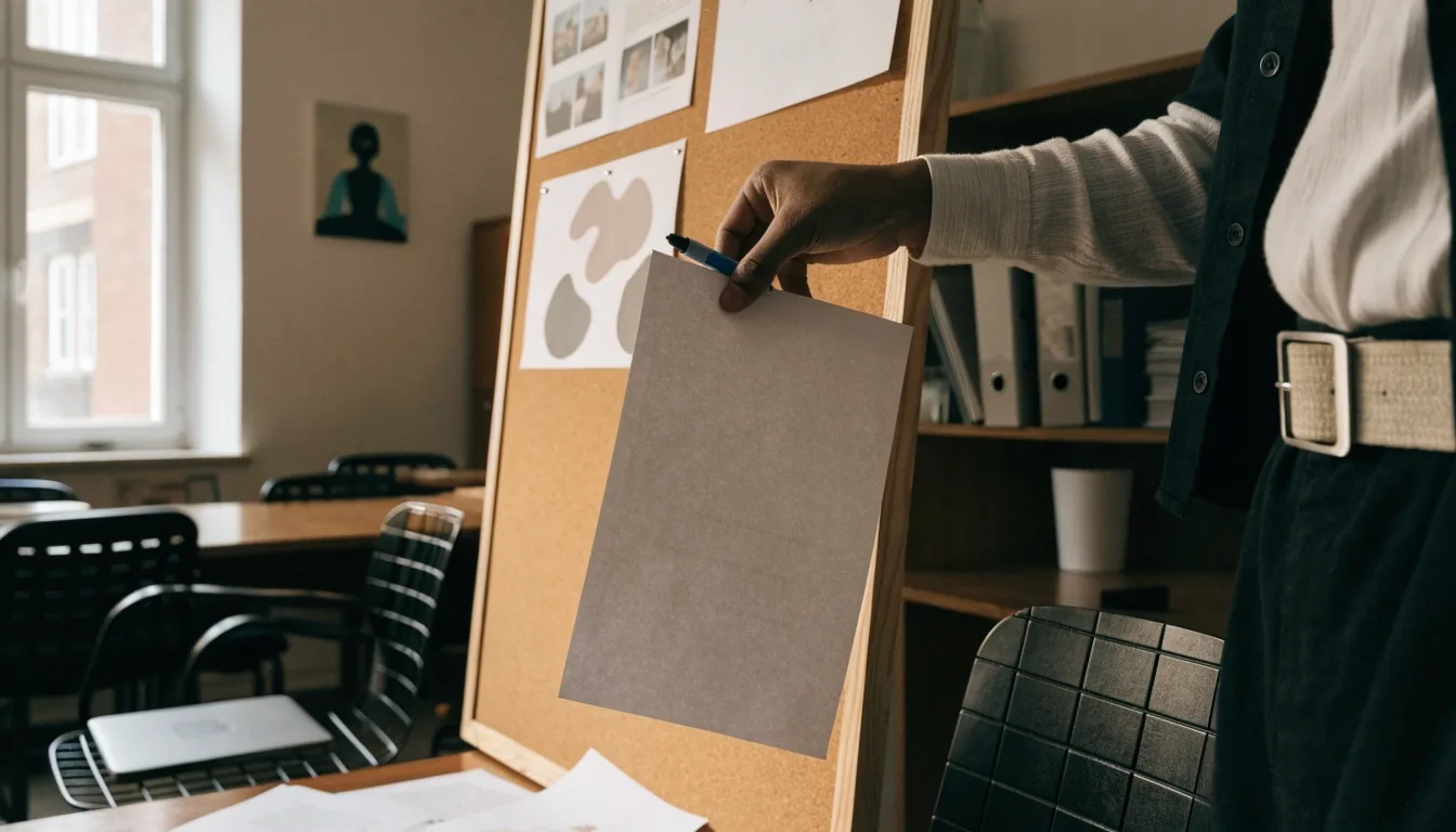Pracovní stůl v české designové učebně během lekce, zavřené notebooky a prázdné listy papíru
