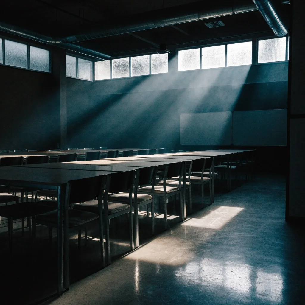 Prázdná učebna designu ráno s židlemi zasunutými ke stolům a studeným světlem z oken