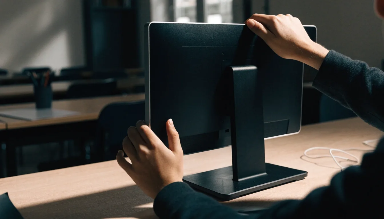 Ruce naklápějící monitor na stole v učebně kurzů webového designu, vedle prázdný arch a fix
