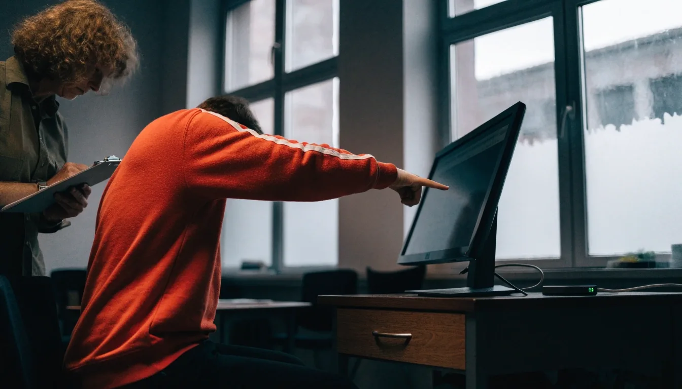 Ruce nastavující sklon monitoru, obrazovka odvrácená, pero a složený papír na stole